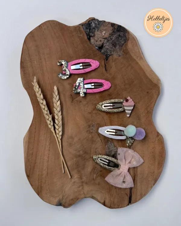 Rockahula haarspeldjes met cijfers 3 en 4, ijsje, pompon en tule strik in roze en goud